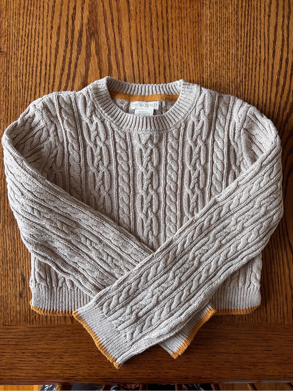 Cynthia Rowley Light Tan Cable Knit Cropped Sweater w/ Mustard Trim ~ Girls 7/8 - Picture 1 of 6